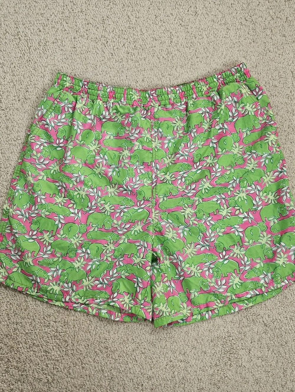 Vintage Lilly Pulitzer Swim Trunks Mens 90s Hippo Pink Green Medium Drawstring